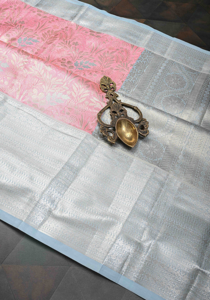 Pale Rose Kanjivaram Tissue Semi Silk Saree with Meenakari Floral Brocade Jaal and Contrast Zari Border