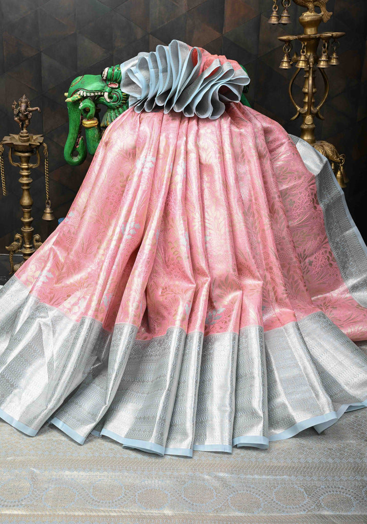 Pale Rose Kanjivaram Tissue Semi Silk Saree with Meenakari Floral Brocade Jaal and Contrast Zari Border