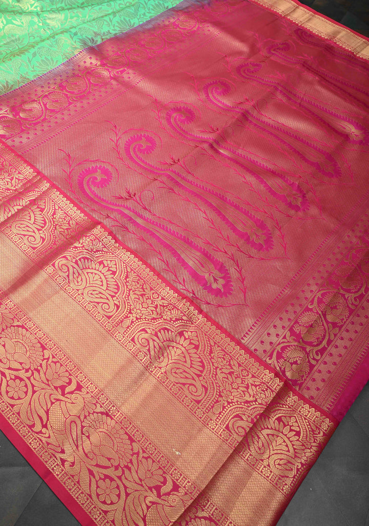 Irish Green Semi Silk Saree in Kanchi Style with Brocade and Wide Contrast Zari Border