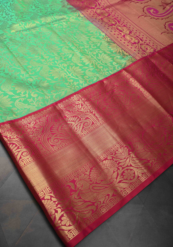 Irish Green Semi Silk Saree in Kanchi Style with Brocade and Wide Contrast Zari Border
