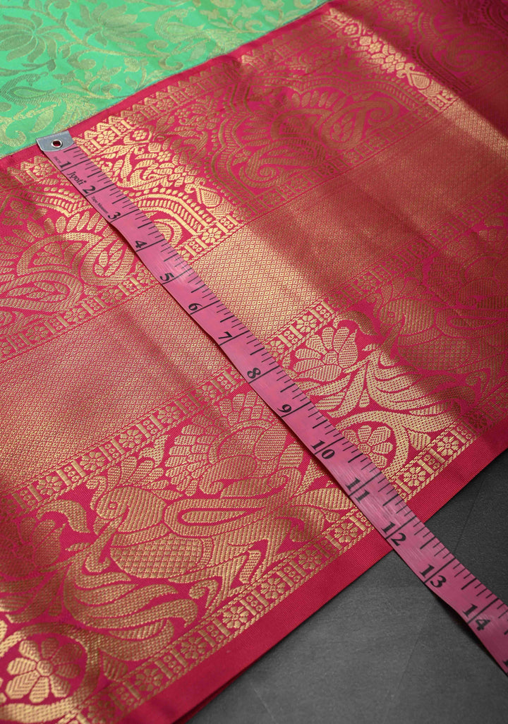 Irish Green Semi Silk Saree in Kanchi Style with Brocade and Wide Contrast Zari Border