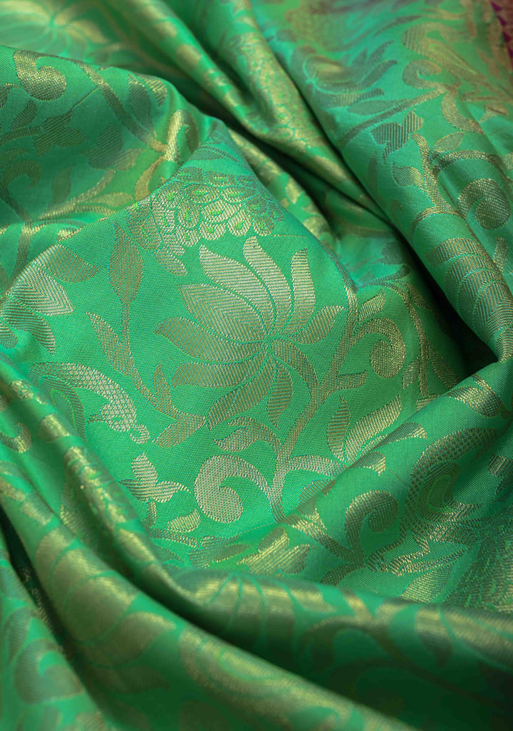 Irish Green Semi Silk Saree in Kanchi Style with Brocade and Wide Contrast Zari Border