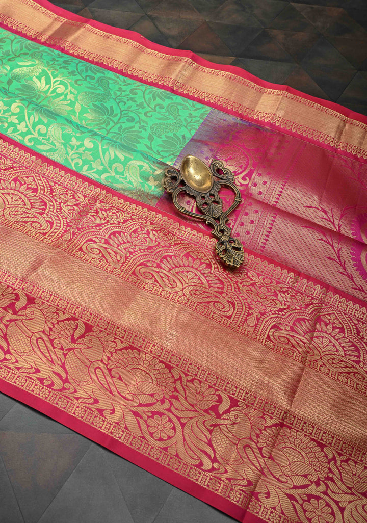 Irish Green Semi Silk Saree in Kanchi Style with Brocade and Wide Contrast Zari Border