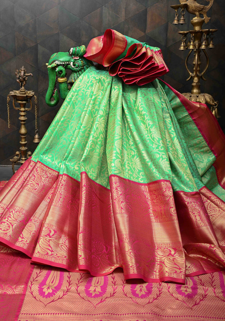 Irish Green Semi Silk Saree in Kanchi Style with Brocade and Wide Contrast Zari Border