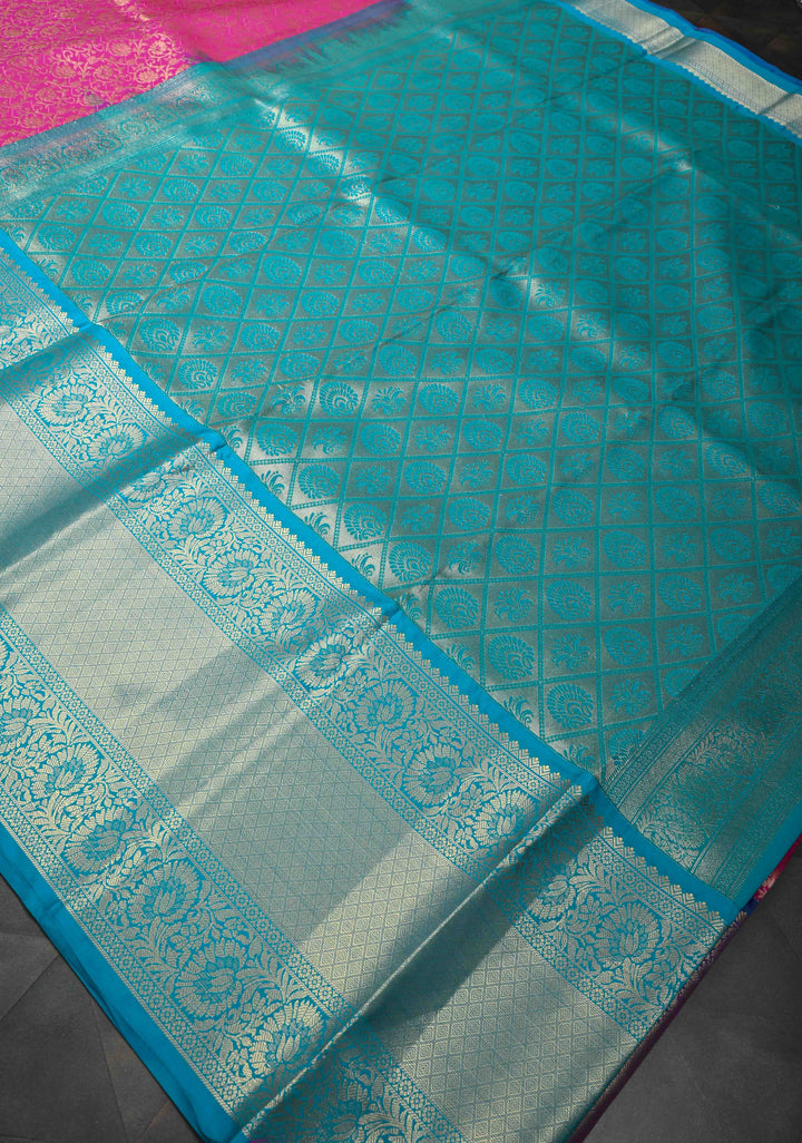 Fuchsia Pink Semi Silk Saree in Kanchi Style with Brocade and Wide Contrast Zari Border