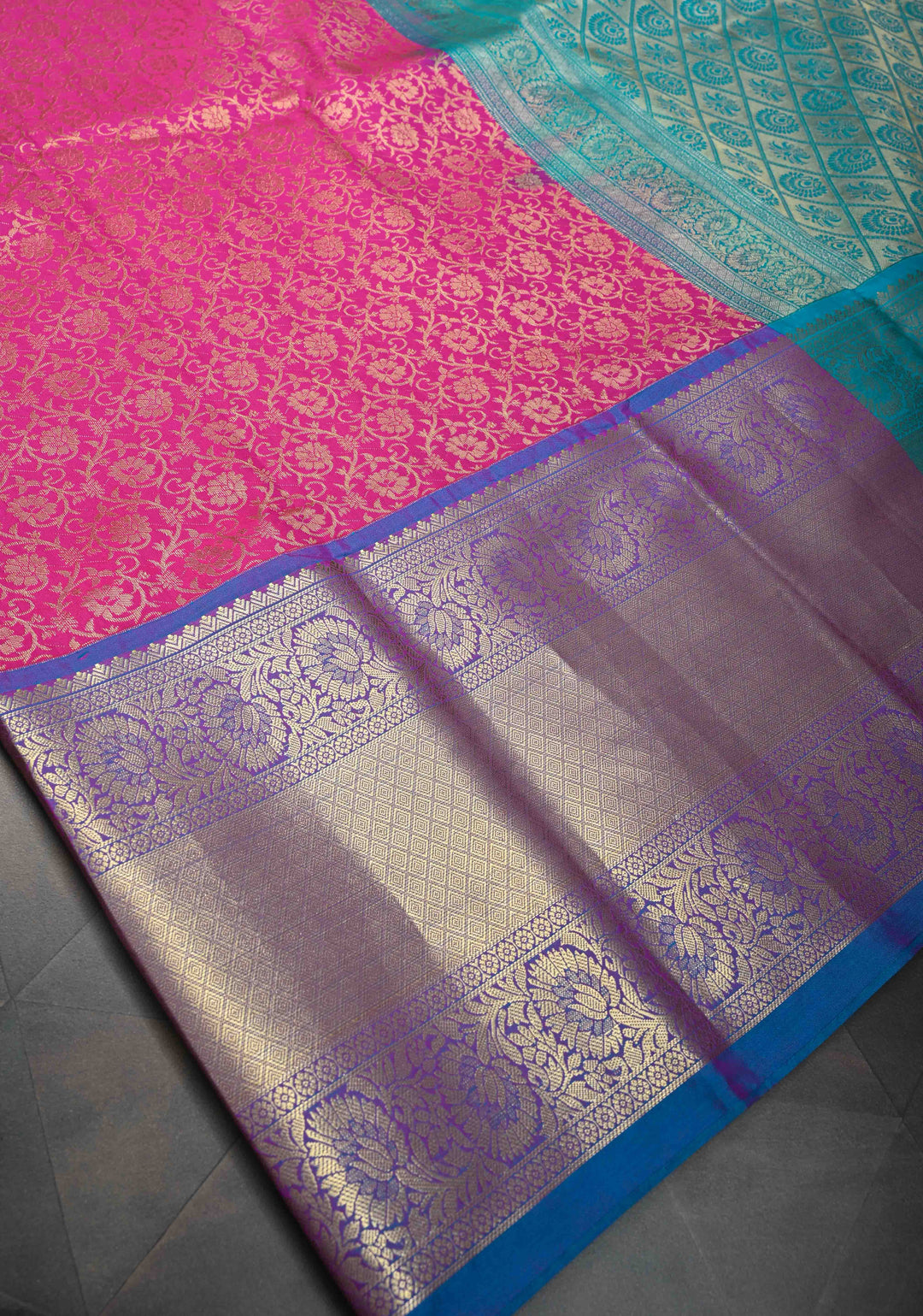 Fuchsia Pink Semi Silk Saree in Kanchi Style with Brocade and Wide Contrast Zari Border