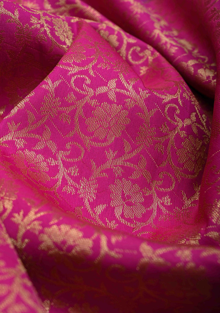 Fuchsia Pink Semi Silk Saree in Kanchi Style with Brocade and Wide Contrast Zari Border