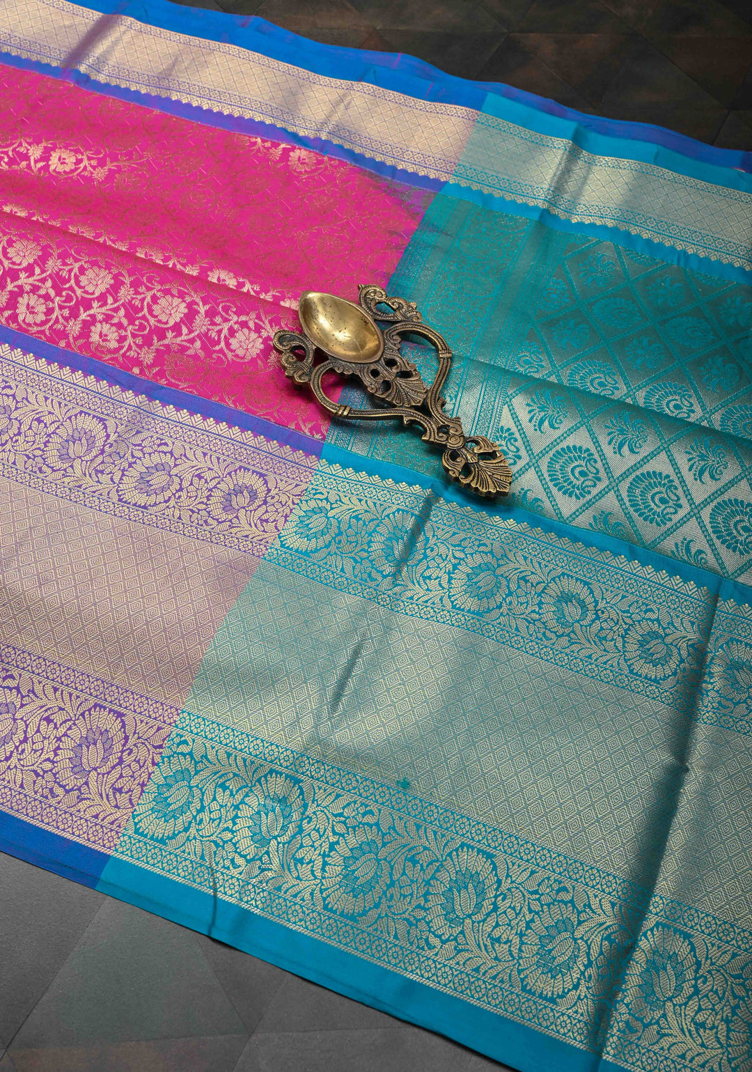 Fuchsia Pink Semi Silk Saree in Kanchi Style with Brocade and Wide Contrast Zari Border