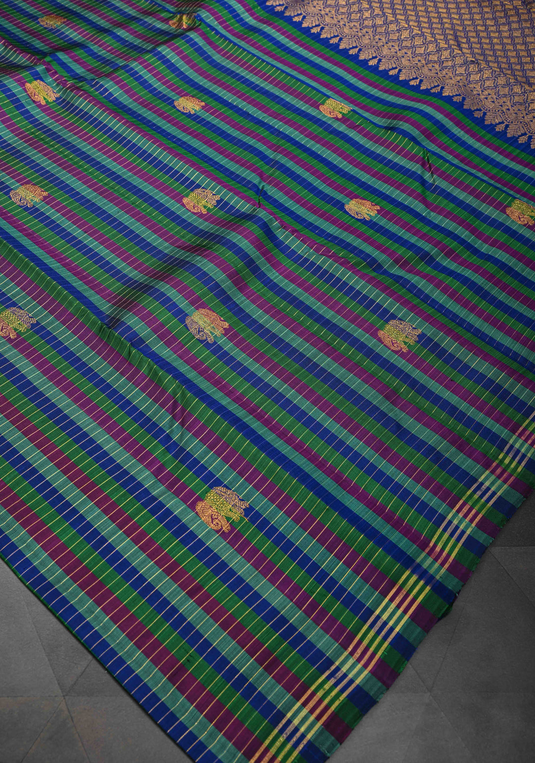 Multicolor Checks Kanjivaram Silk Saree With  Elephant Buttas and Borderless pattern  | SILK MARK CERTIFIED