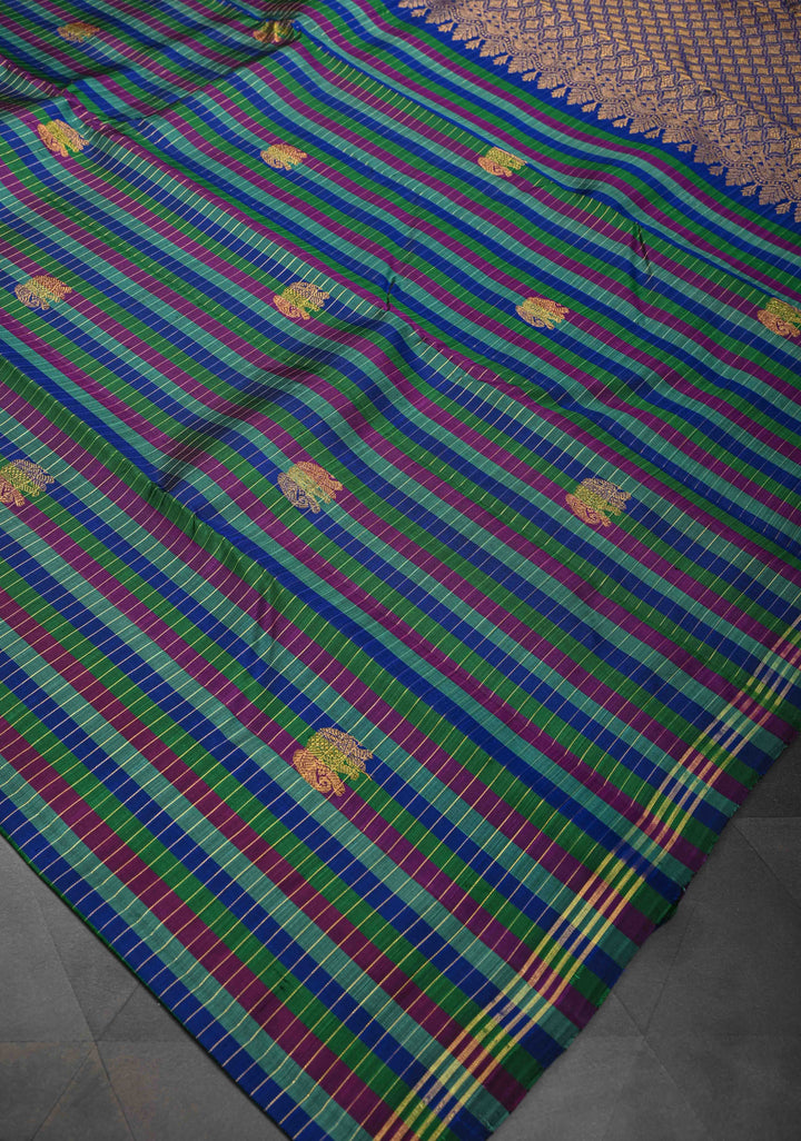 Multicolor Checks Kanjivaram Silk Saree With  Elephant Buttas and Borderless pattern  | SILK MARK CERTIFIED