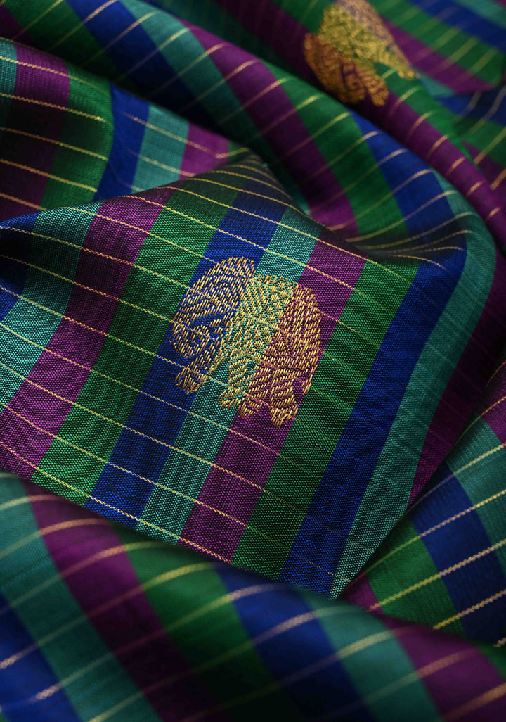 Multicolor Checks Kanjivaram Silk Saree With  Elephant Buttas and Borderless pattern  | SILK MARK CERTIFIED