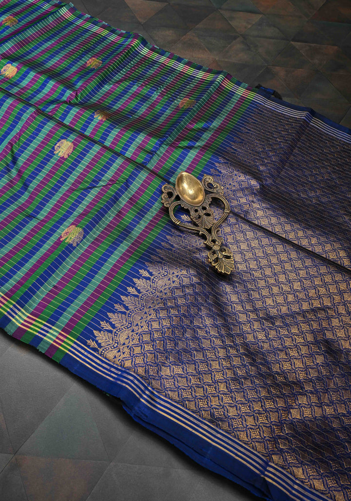 Multicolor Checks Kanjivaram Silk Saree With  Elephant Buttas and Borderless pattern  | SILK MARK CERTIFIED