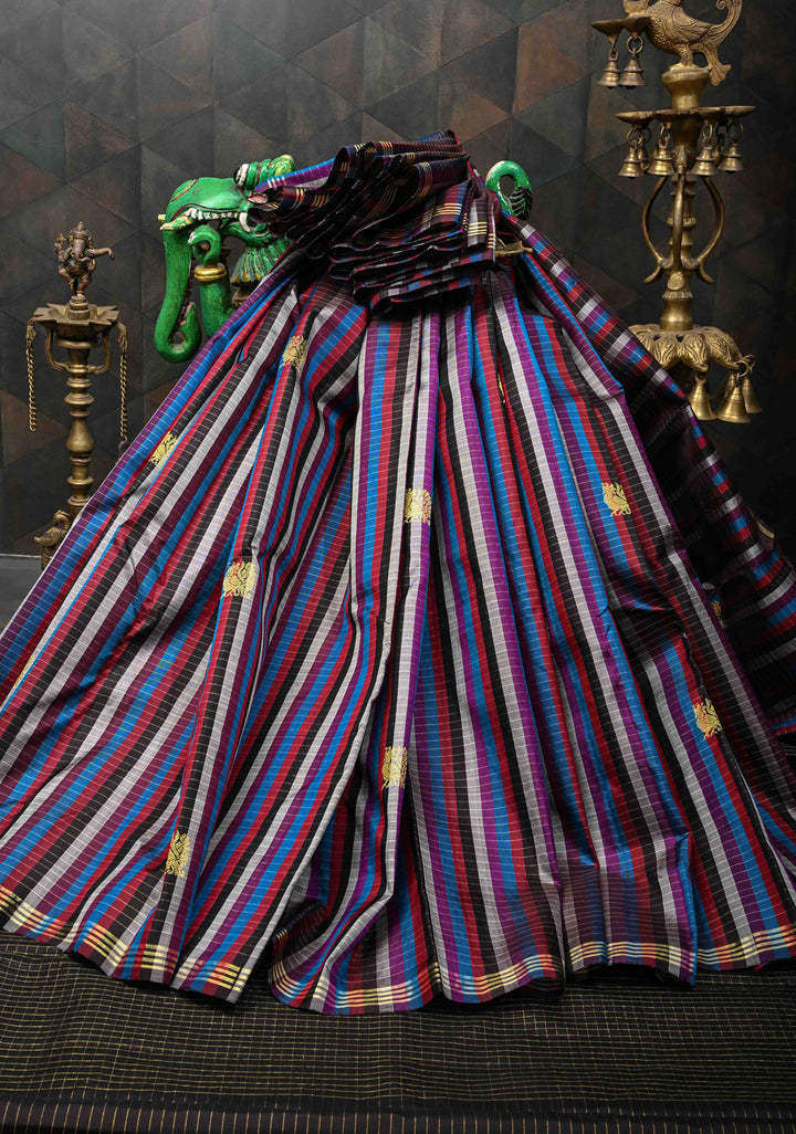 Multicolor Checks Kanjivaram Silk Saree With Stripe Peacock Buttas and Borderless pattern  | SILK MARK CERTIFIED