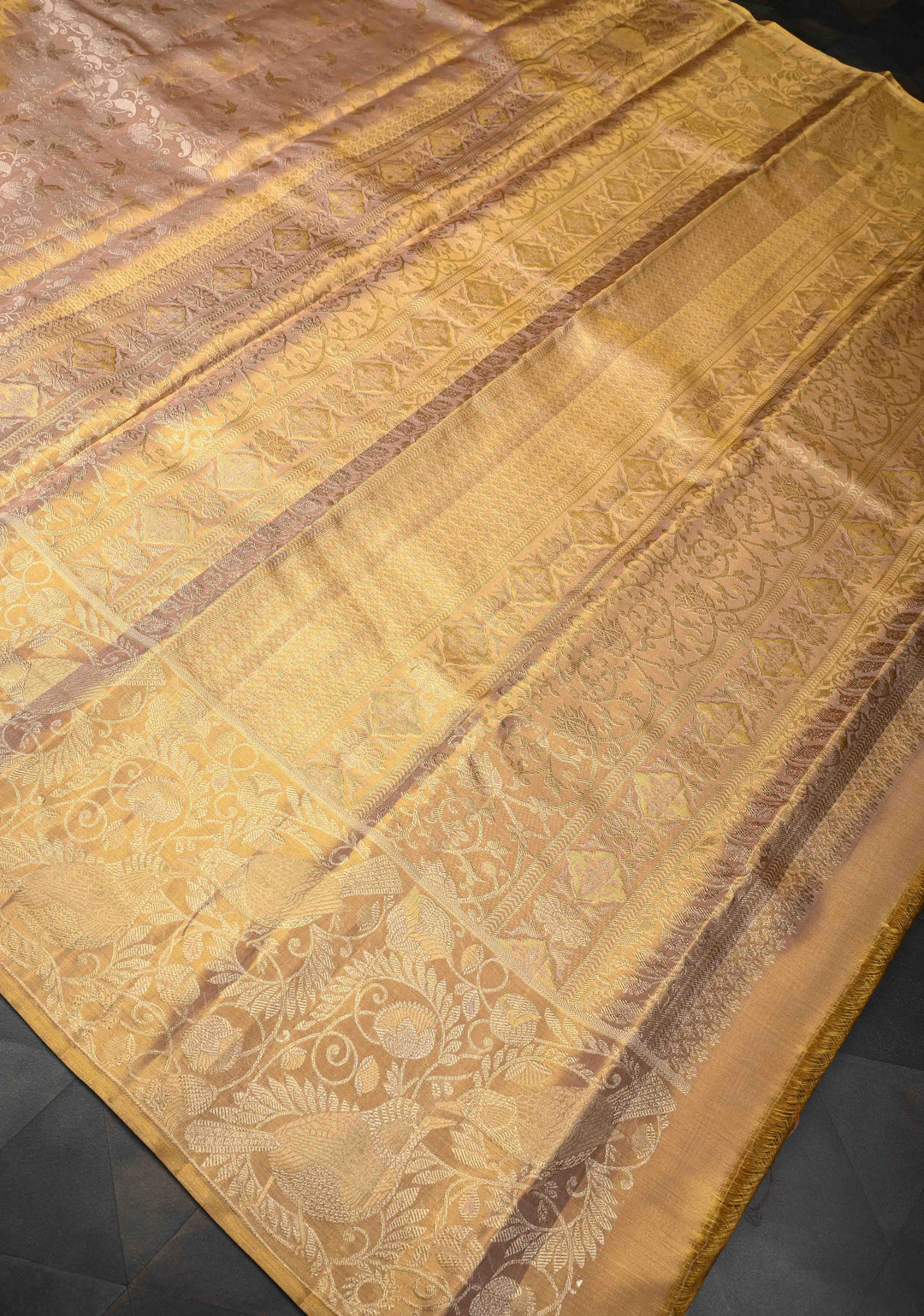 Gold Tissue Kanjivaram Silk Saree with Floral Brocade Jaal and Zari Border | SILK MARK CERTIFIED