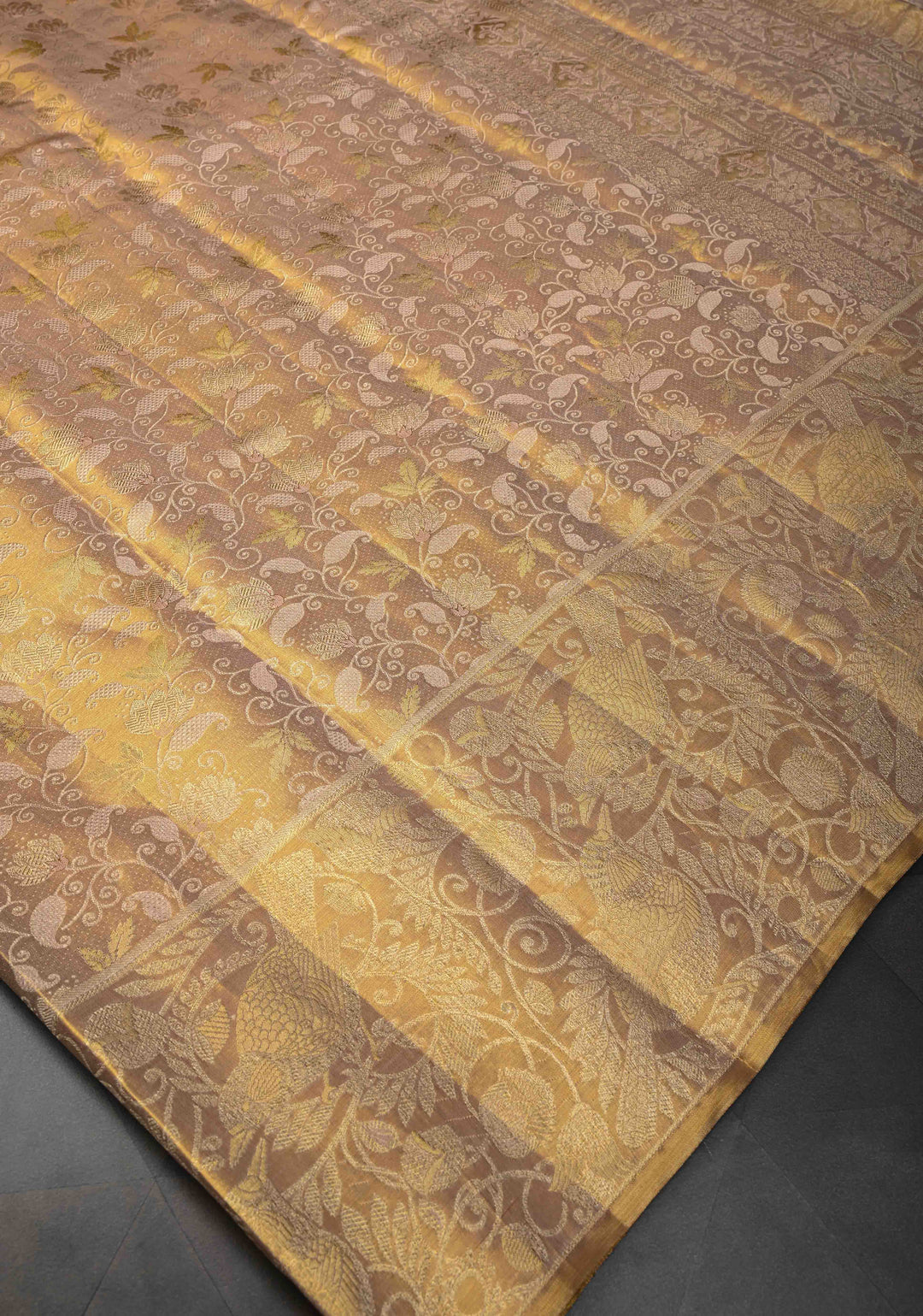 Gold Tissue Kanjivaram Silk Saree with Floral Brocade Jaal and Zari Border | SILK MARK CERTIFIED
