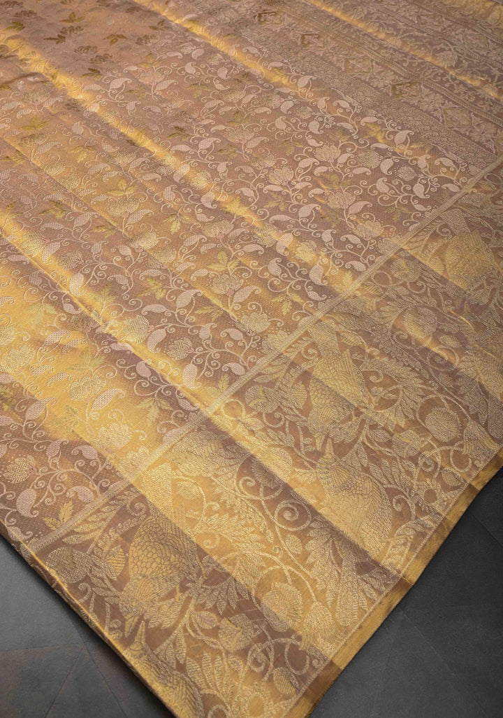 Gold Tissue Kanjivaram Silk Saree with Floral Brocade Jaal and Zari Border | SILK MARK CERTIFIED