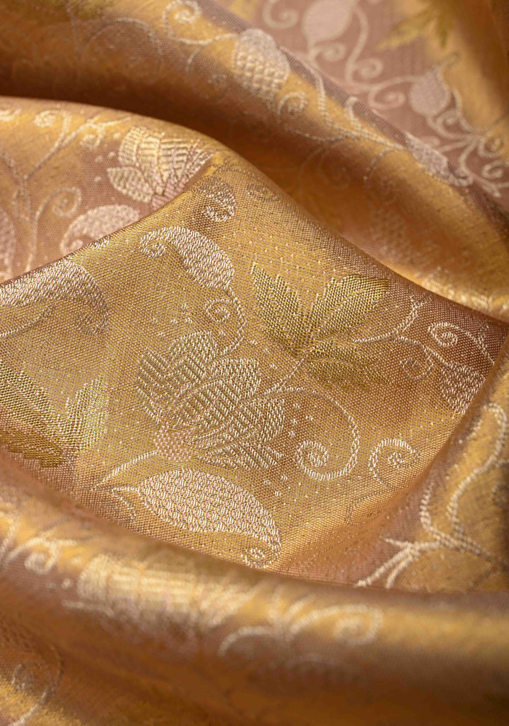 Gold Tissue Kanjivaram Silk Saree with Floral Brocade Jaal and Zari Border | SILK MARK CERTIFIED