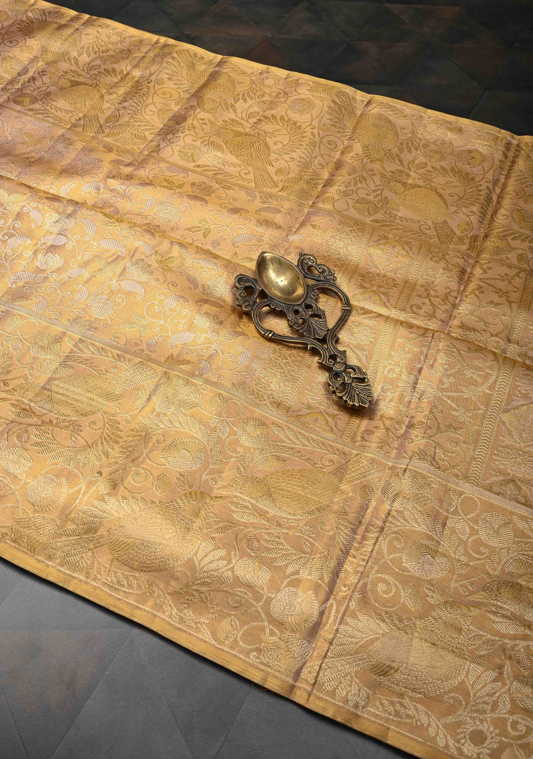 Gold Tissue Kanjivaram Silk Saree with Floral Brocade Jaal and Zari Border | SILK MARK CERTIFIED