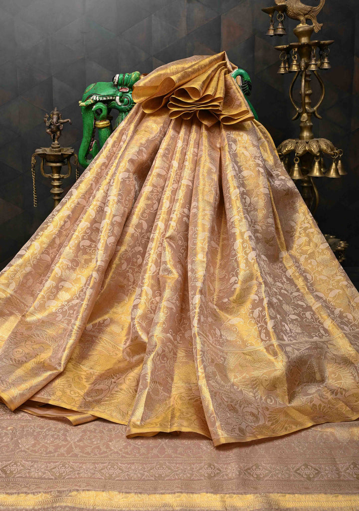 Gold Tissue Kanjivaram Silk Saree with Floral Brocade Jaal and Zari Border | SILK MARK CERTIFIED