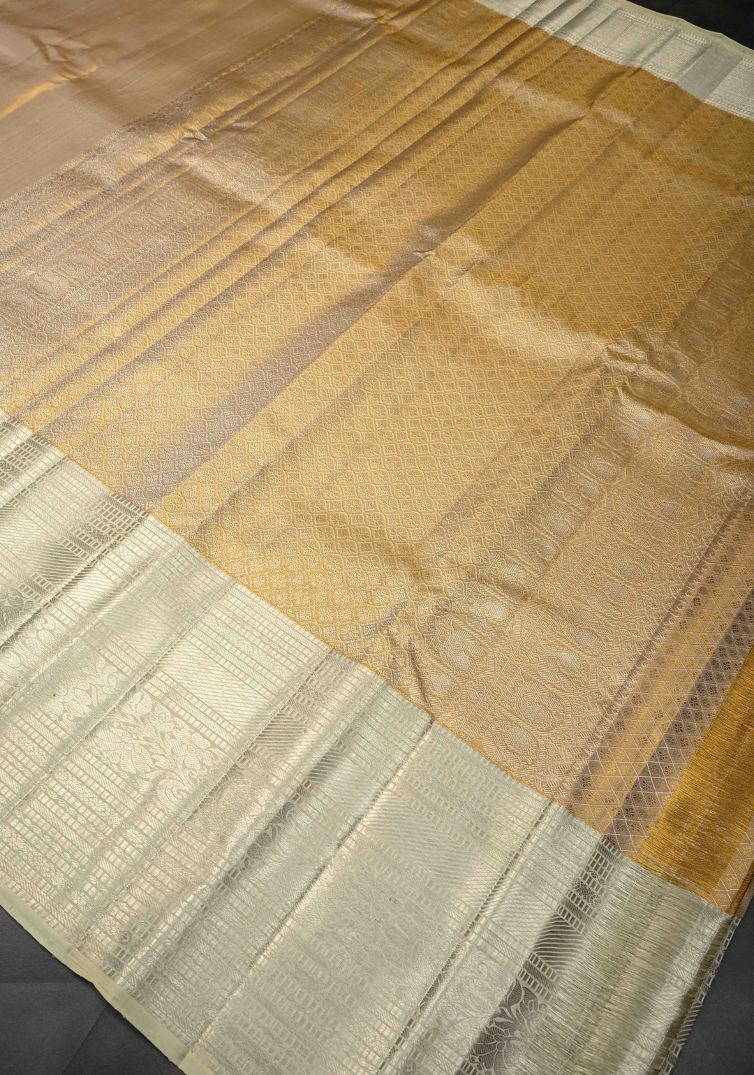 Gold Tissue Kanjivaram Silk Saree and Contrast Zari Border | SILK MARK CERTIFIED