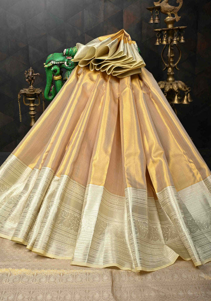 Gold Tissue Kanjivaram Silk Saree and Contrast Zari Border | SILK MARK CERTIFIED