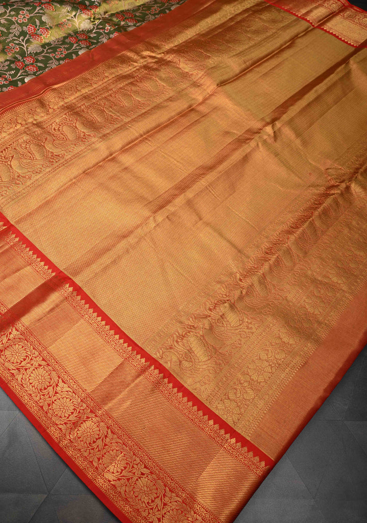 Green Dual Tone Tissue Kanjivaram Silk Saree with Meenakari Floral Design and Contrast Zari Border | SILK MARK CERTIFIED