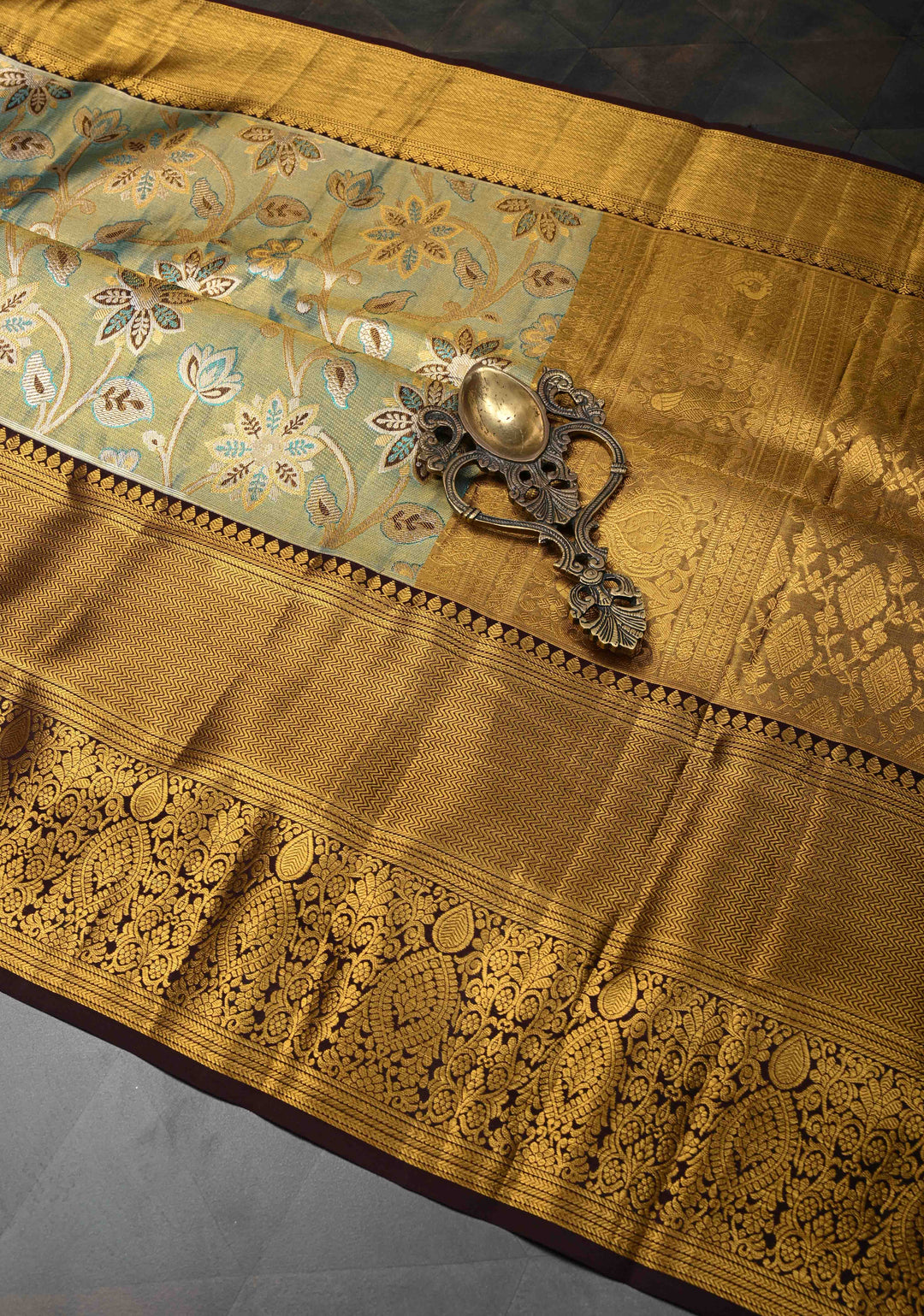 Green Dual Tone Tissue Kanjivaram Silk Saree with Meenakari Floral Design and Contrast Zari Border | SILK MARK CERTIFIED