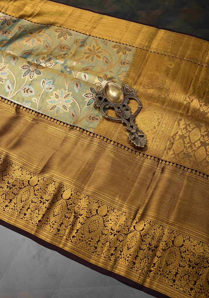 Green Dual Tone Tissue Kanjivaram Silk Saree with Meenakari Floral Design and Contrast Zari Border | SILK MARK CERTIFIED
