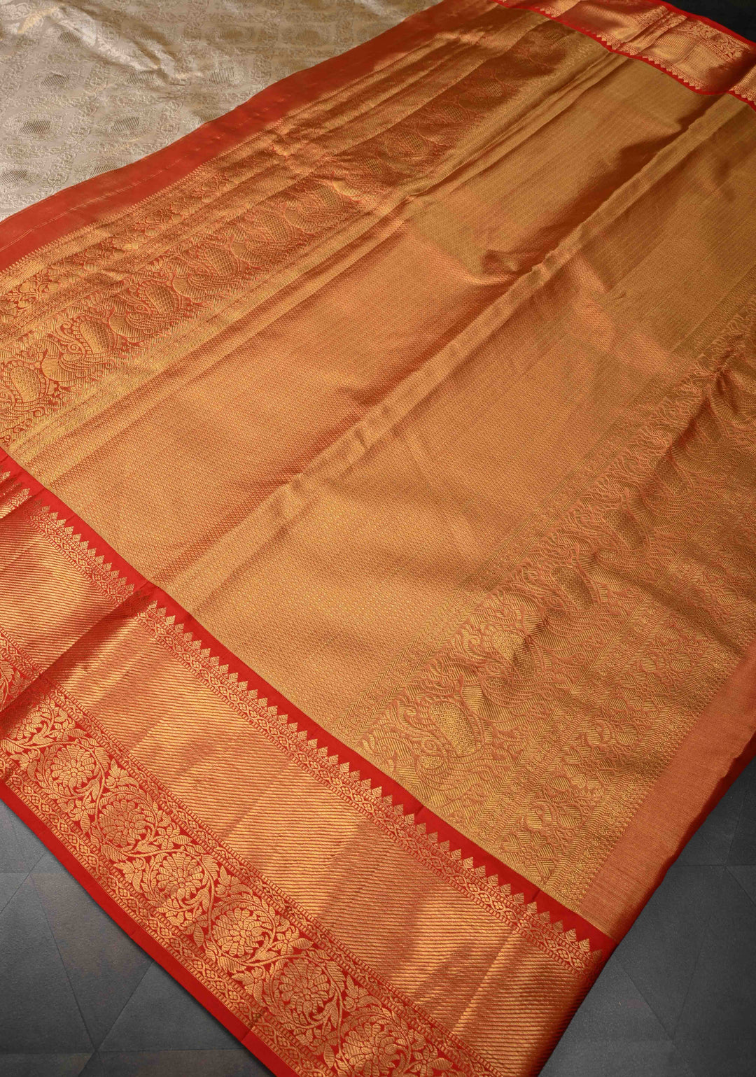 Beige White and Red Tissue Kanjivaram Silk Saree with Brocade Jaal and Contrast  Zari Border | SILK MARK CERTIFIED