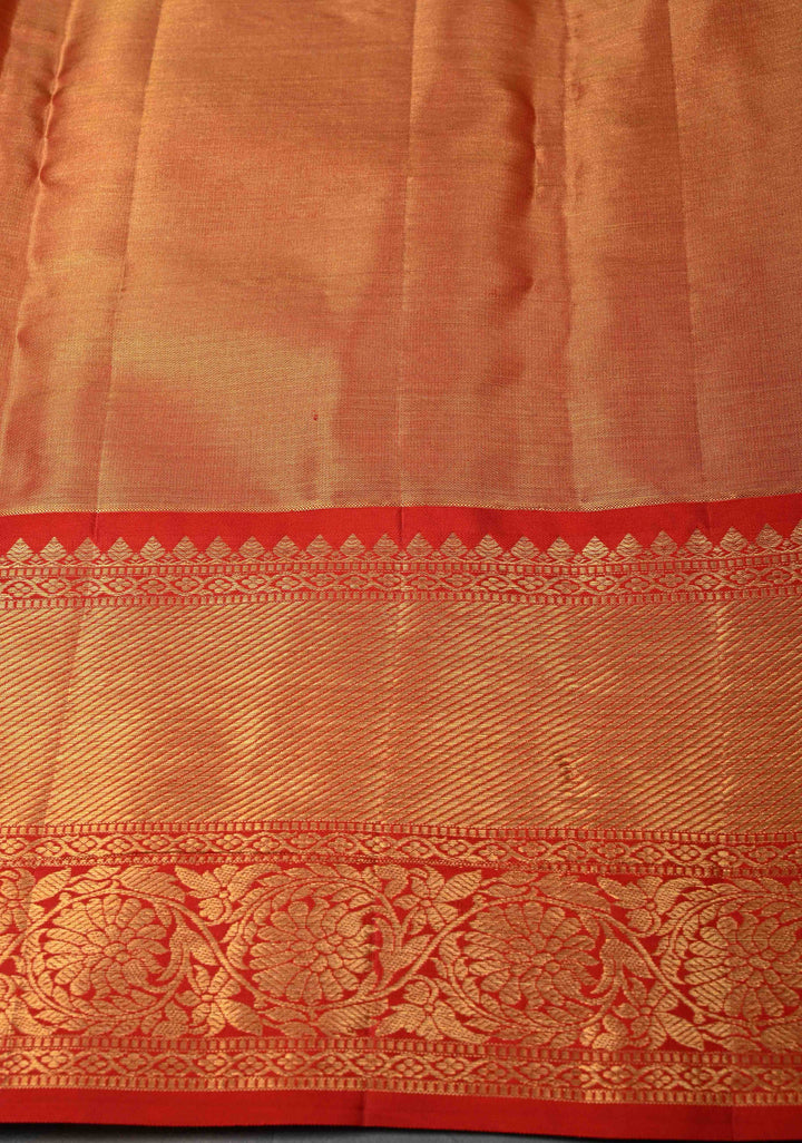 Beige White and Red Tissue Kanjivaram Silk Saree with Brocade Jaal and Contrast  Zari Border | SILK MARK CERTIFIED
