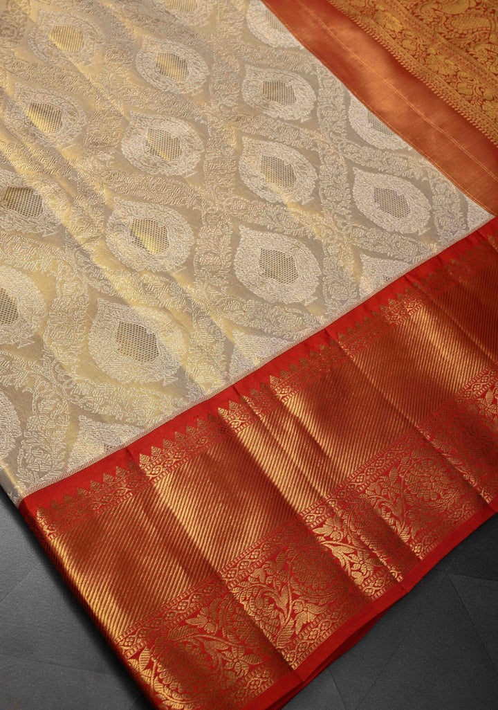Beige White and Red Tissue Kanjivaram Silk Saree with Brocade Jaal and Contrast  Zari Border | SILK MARK CERTIFIED