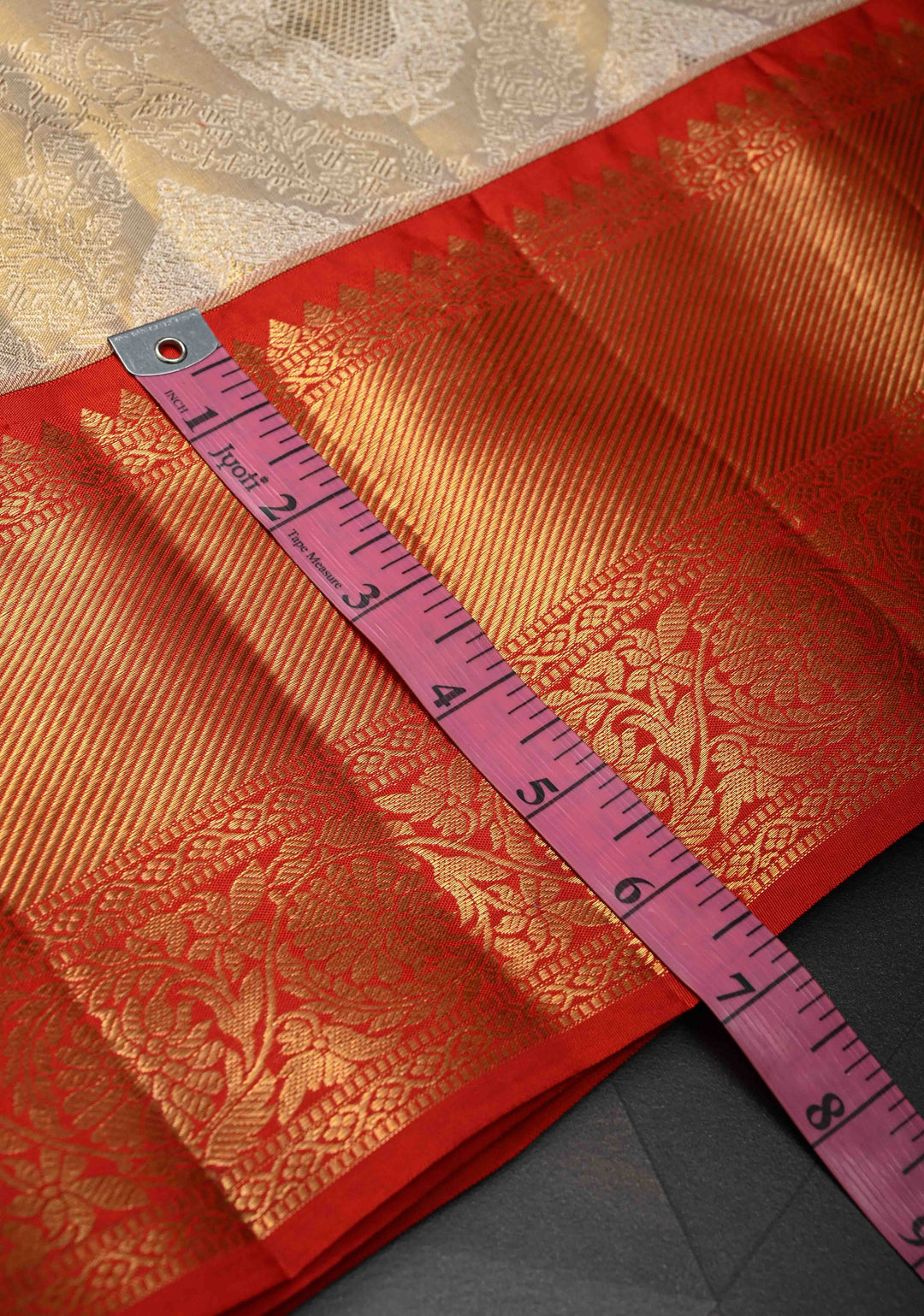 Beige White and Red Tissue Kanjivaram Silk Saree with Brocade Jaal and Contrast  Zari Border | SILK MARK CERTIFIED