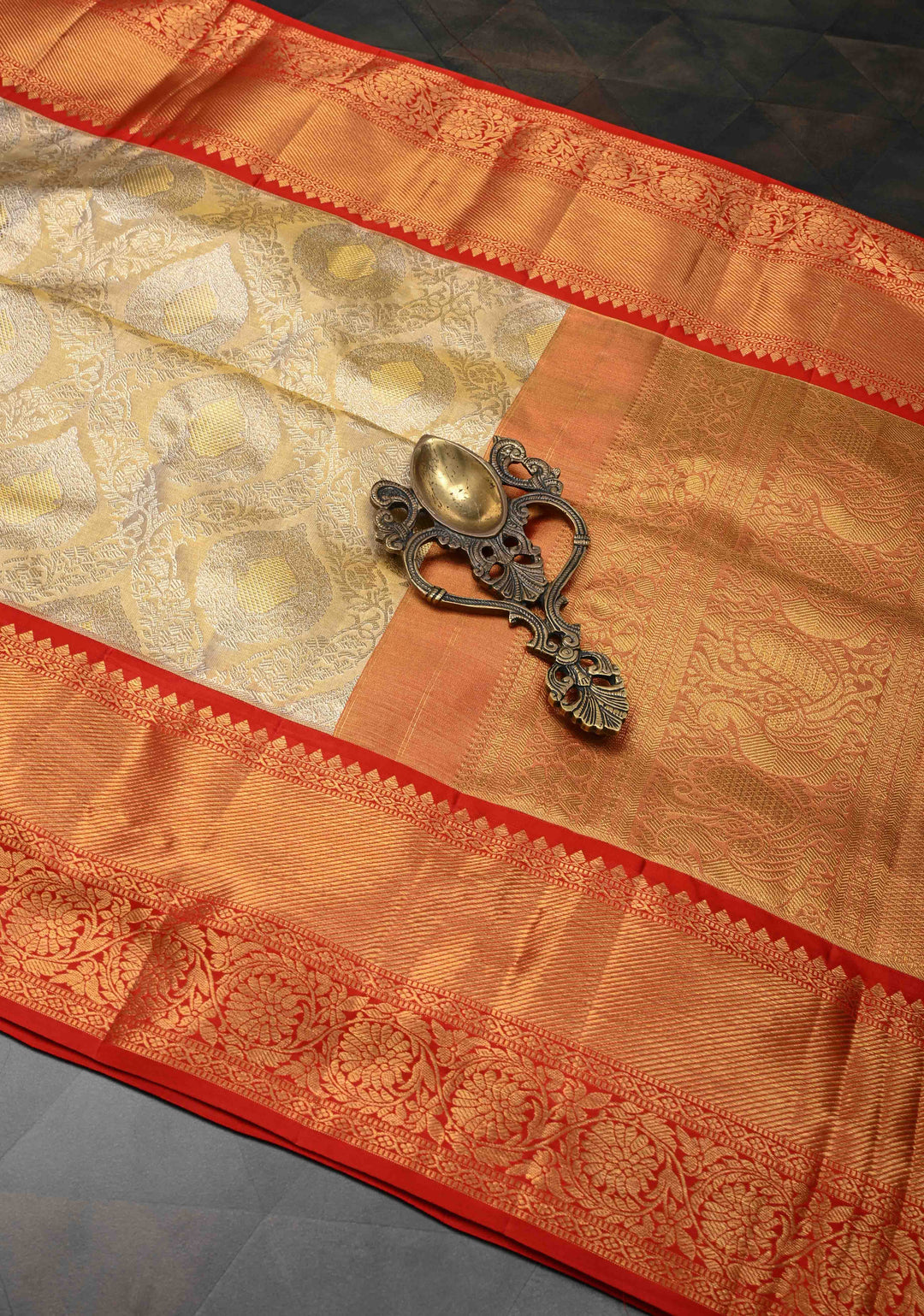 Beige White and Red Tissue Kanjivaram Silk Saree with Brocade Jaal and Contrast  Zari Border | SILK MARK CERTIFIED