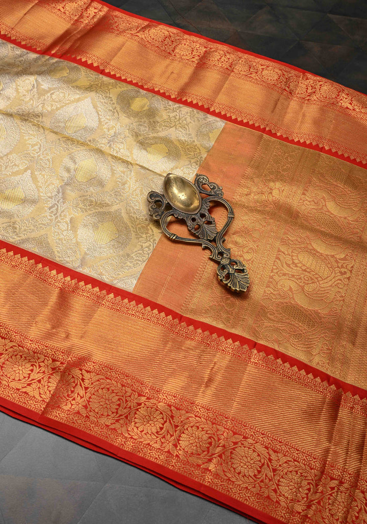 Beige White and Red Tissue Kanjivaram Silk Saree with Brocade Jaal and Contrast  Zari Border | SILK MARK CERTIFIED