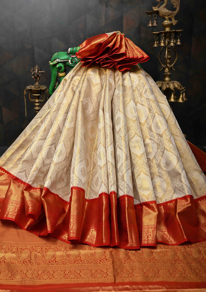 Beige White and Red Tissue Kanjivaram Silk Saree with Brocade Jaal and Contrast  Zari Border | SILK MARK CERTIFIED