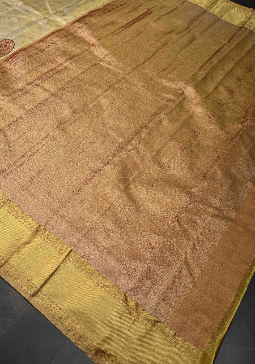 Golden Brocade Tissue Kanjivaram Pure Silk Saree With Zari Border | SILK MARK CERTIFIED