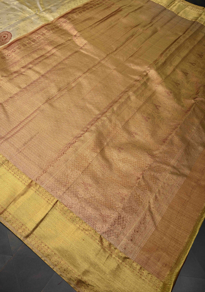 Golden Brocade Tissue Kanjivaram Pure Silk Saree With Zari Border | SILK MARK CERTIFIED