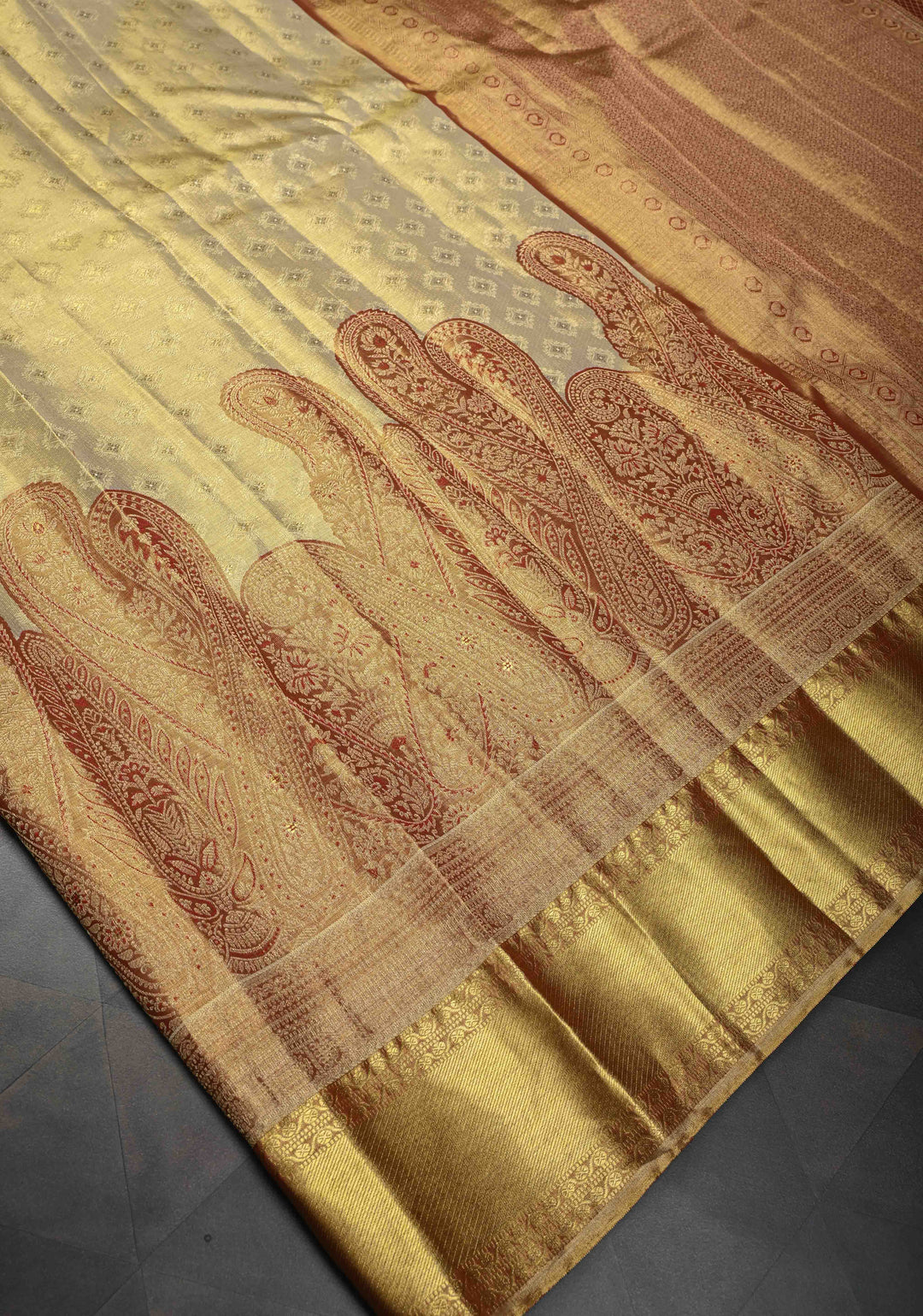 Golden Brocade Tissue Kanjivaram Pure Silk Saree With Zari Border | SILK MARK CERTIFIED