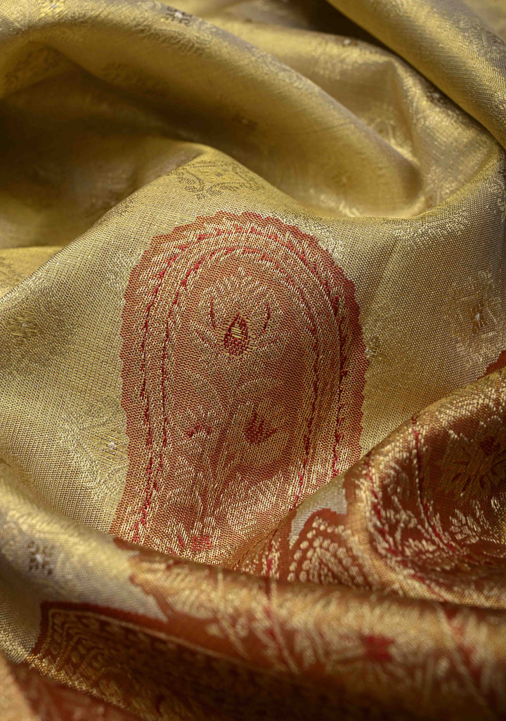 Golden Brocade Tissue Kanjivaram Pure Silk Saree With Zari Border | SILK MARK CERTIFIED