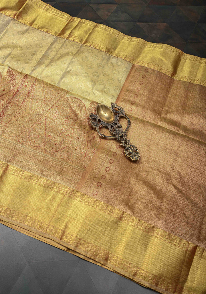 Golden Brocade Tissue Kanjivaram Pure Silk Saree With Zari Border | SILK MARK CERTIFIED