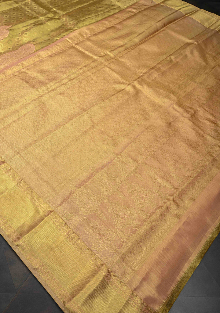 Gold Tissue Kanjivaram Silk Saree with Brocade and Meenakari Paisley Wide Zari Border | SILK MARK CERTIFIED