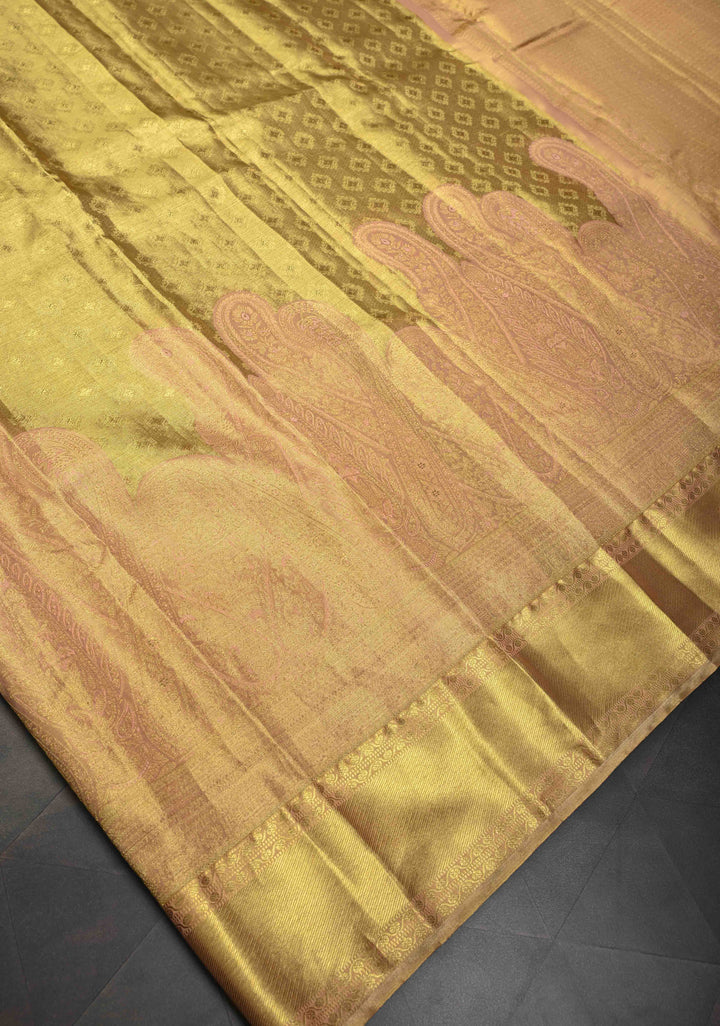 Gold Tissue Kanjivaram Silk Saree with Brocade and Meenakari Paisley Wide Zari Border | SILK MARK CERTIFIED