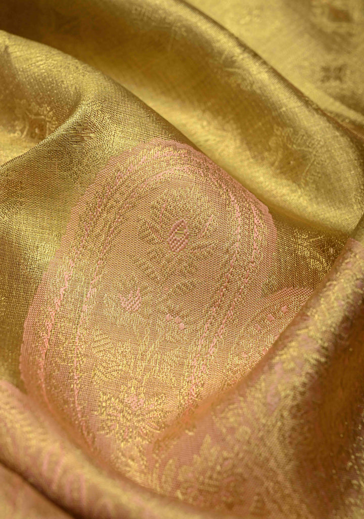 Gold Tissue Kanjivaram Silk Saree with Brocade and Meenakari Paisley Wide Zari Border | SILK MARK CERTIFIED
