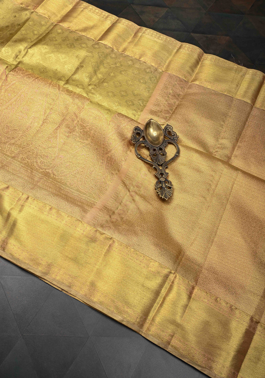 Gold Tissue Kanjivaram Silk Saree with Brocade and Meenakari Paisley Wide Zari Border | SILK MARK CERTIFIED