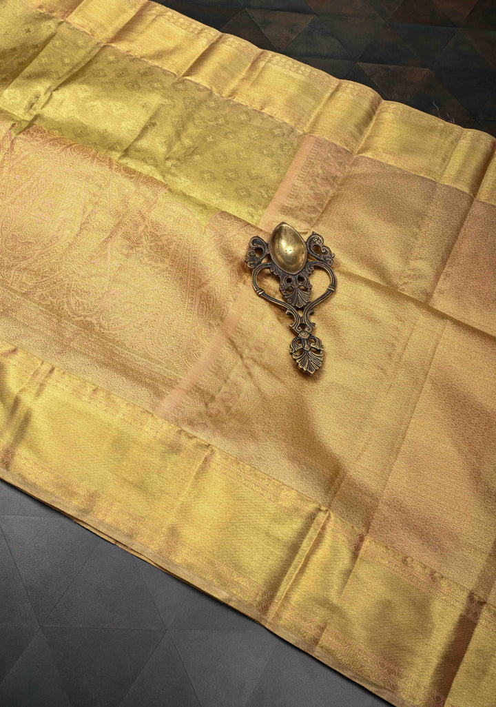 Gold Tissue Kanjivaram Silk Saree with Brocade and Meenakari Paisley Wide Zari Border | SILK MARK CERTIFIED