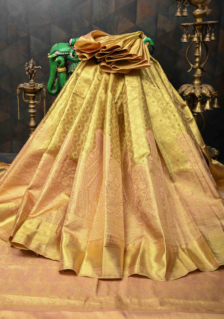 Gold Tissue Kanjivaram Silk Saree with Brocade and Meenakari Paisley Wide Zari Border | SILK MARK CERTIFIED