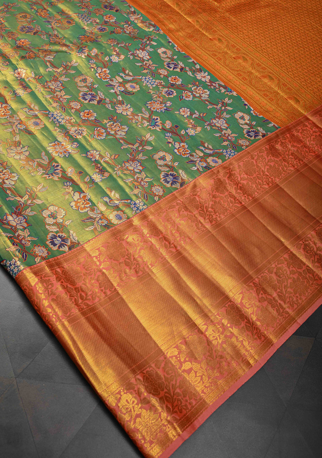 Green Tissue Kanjivaram Silk Saree with Meenakari Floral Jaal and Contrast Wide Zari Border | SILK MARK CERTIFIED