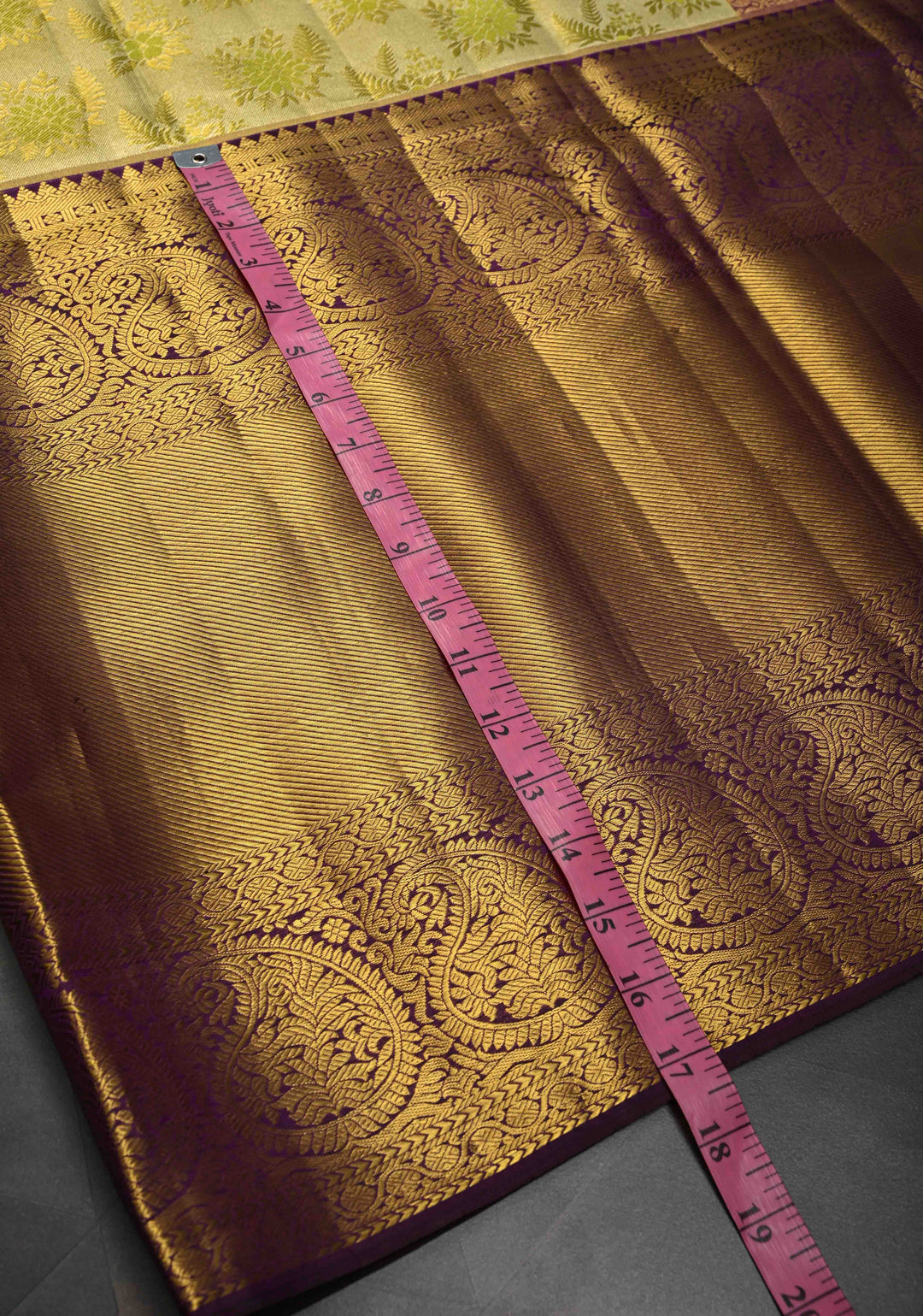Moss Green Tissue Kanjivaram Silk Saree with Meenakari Floral Brocade and Contrast Zari Skirt Border | SILK MARK CERTIFIED