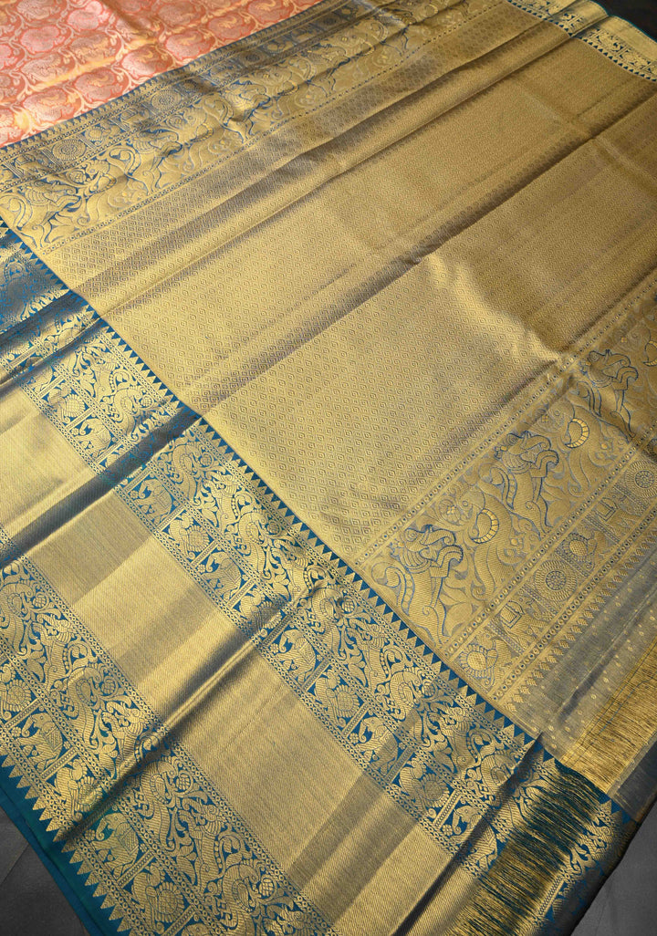 Salmon Tissue Kanjivaram Silk Saree with Meenakari Annapakshi Brocade and Wide Contrast Zari Border | SILK MARK CERTIFIED