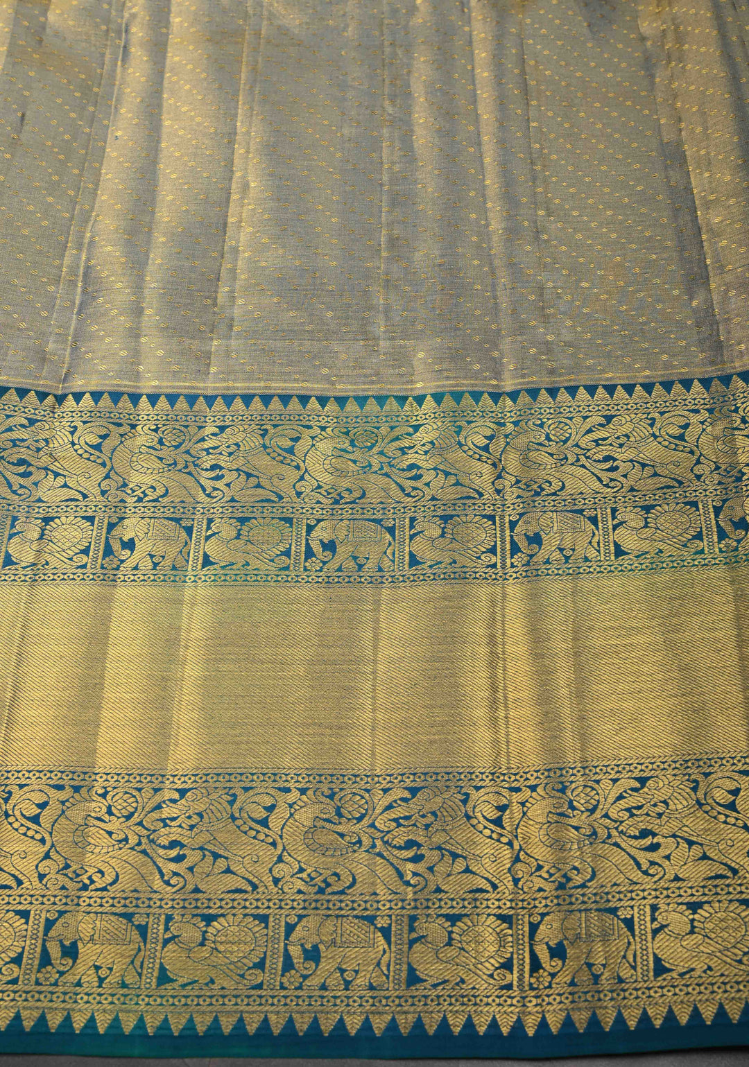 Salmon Tissue Kanjivaram Silk Saree with Meenakari Annapakshi Brocade and Wide Contrast Zari Border | SILK MARK CERTIFIED